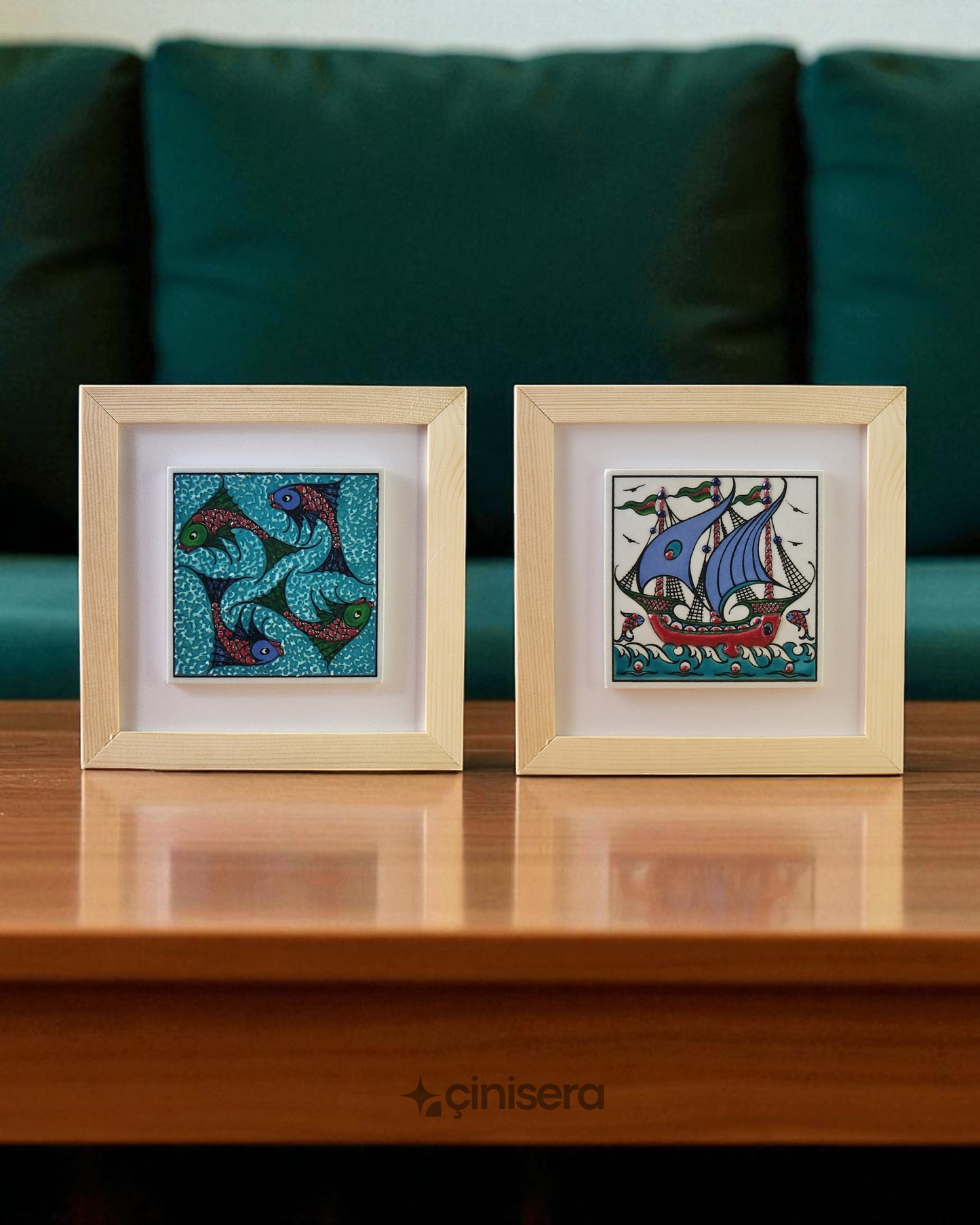 Kabartmalı Çini Tablo 2'li - Akdeniz Serisi - Gemi ve Balık Desenli - 18x18 cm