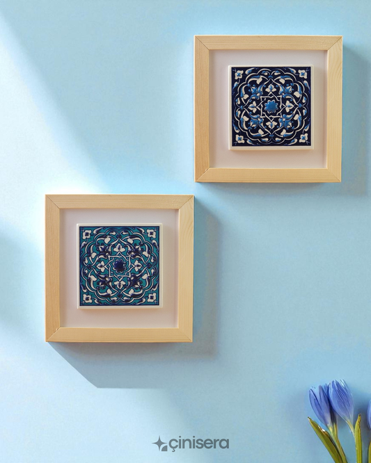 Kabartmalı Çini Tablo 2’li - Nefes Serisi Mavi - 18x18 cm