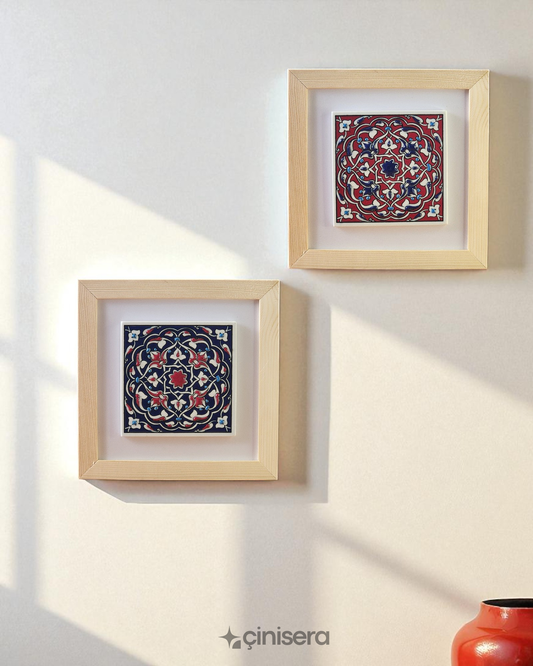 Kabartmalı Çini Tablo 2’li - Nefes Serisi Kırmızı - 18x18 cm