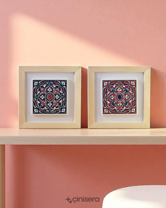 Kabartmalı Çini Tablo 2’li - Nefes Serisi Kırmızı - 18x18 cm