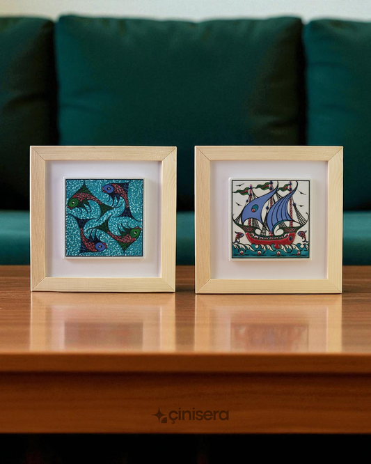 Kabartmalı Çini Tablo 2'li - Akdeniz Serisi - Gemi ve Balık Desenli - 18x18 cm