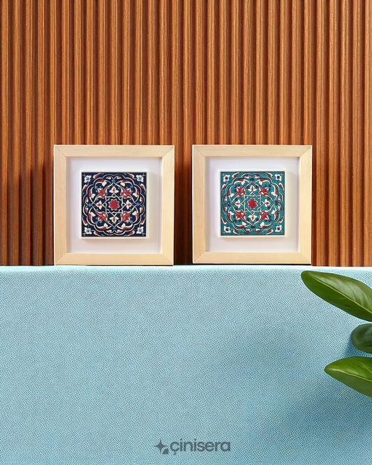 Kabartmalı Çini Tablo 2’li - Nefes Serisi Turkuaz - 18x18 cm