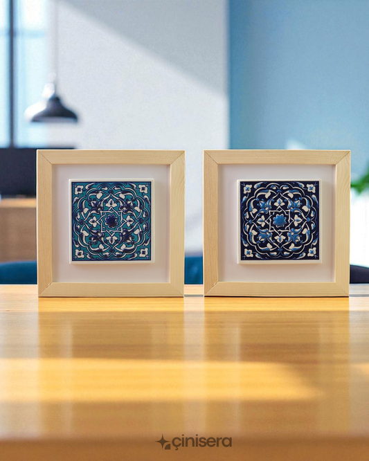 Kabartmalı Çini Tablo 2’li - Nefes Serisi Mavi - 18x18 cm
