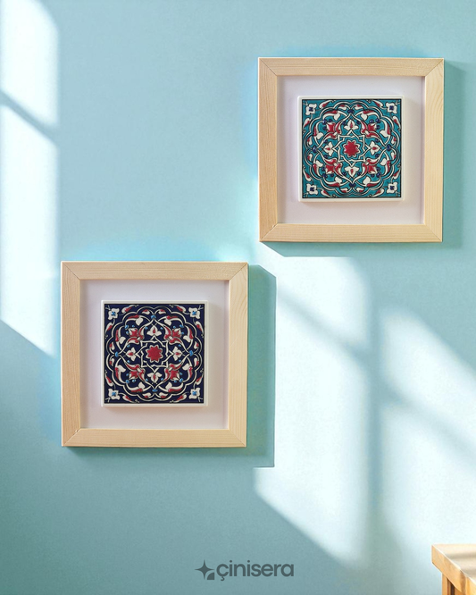 Kabartmalı Çini Tablo 2’li - Nefes Serisi Turkuaz - 18x18 cm